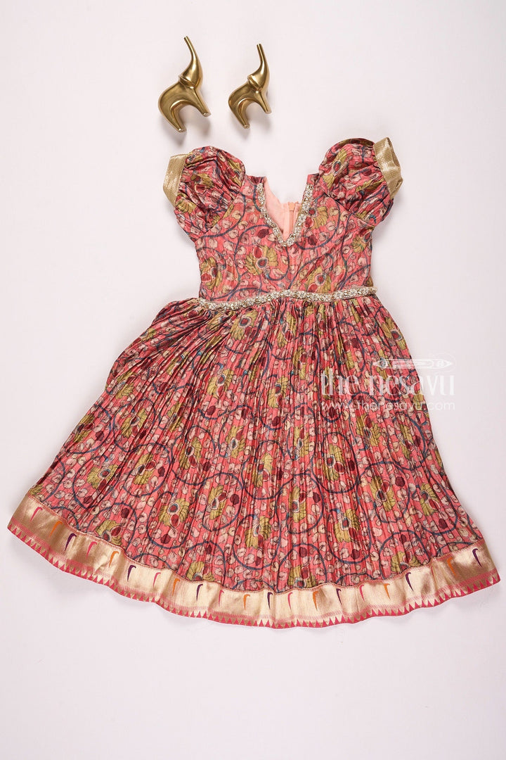 The Nesavu Girls Silk Gown Festive Orange Kalamkari Chinon Party Gown for Girls Nesavu 18 (2Y) / Peach GA234B-18 Festive Orange Kalamkari Chinon Party Gown for Girls - Elegant & Comfortable