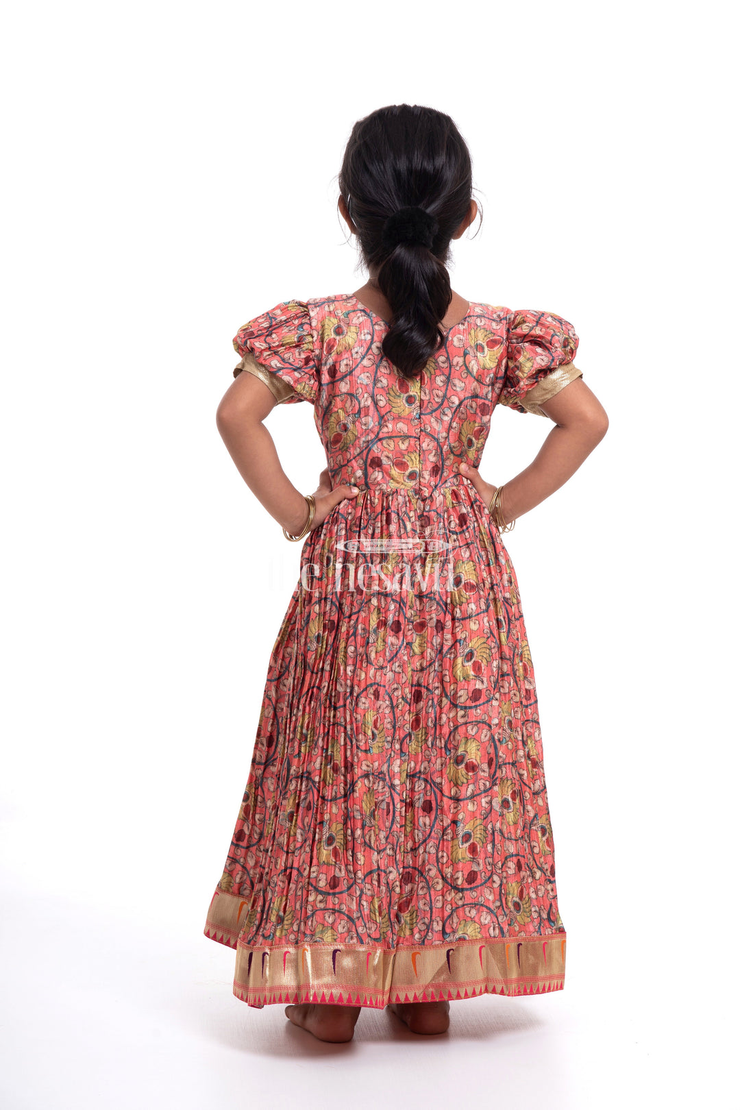 The Nesavu Girls Silk Gown Festive Orange Kalamkari Chinon Party Gown for Girls Nesavu Festive Orange Kalamkari Chinon Party Gown for Girls - Elegant & Comfortable | The Nesavu