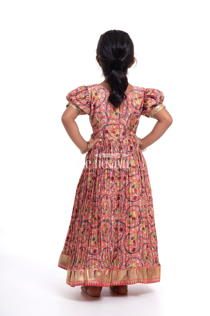 The Nesavu Girls Silk Gown Festive Orange Kalamkari Chinon Party Gown for Girls Nesavu Festive Orange Kalamkari Chinon Party Gown for Girls - Elegant & Comfortable | The Nesavu