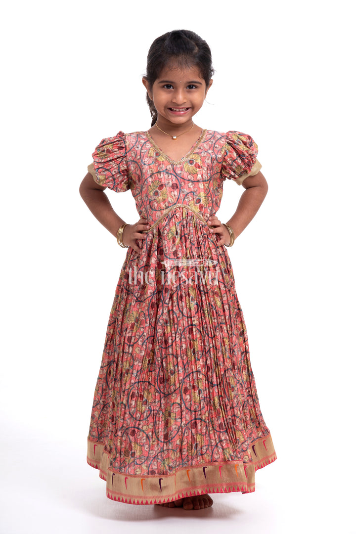 The Nesavu Girls Silk Gown Festive Orange Kalamkari Chinon Party Gown for Girls Nesavu Festive Orange Kalamkari Chinon Party Gown for Girls - Elegant & Comfortable | The Nesavu