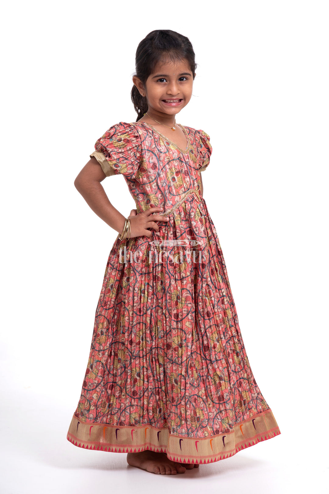 The Nesavu Girls Silk Gown Festive Orange Kalamkari Chinon Party Gown for Girls Nesavu Festive Orange Kalamkari Chinon Party Gown for Girls - Elegant & Comfortable | The Nesavu
