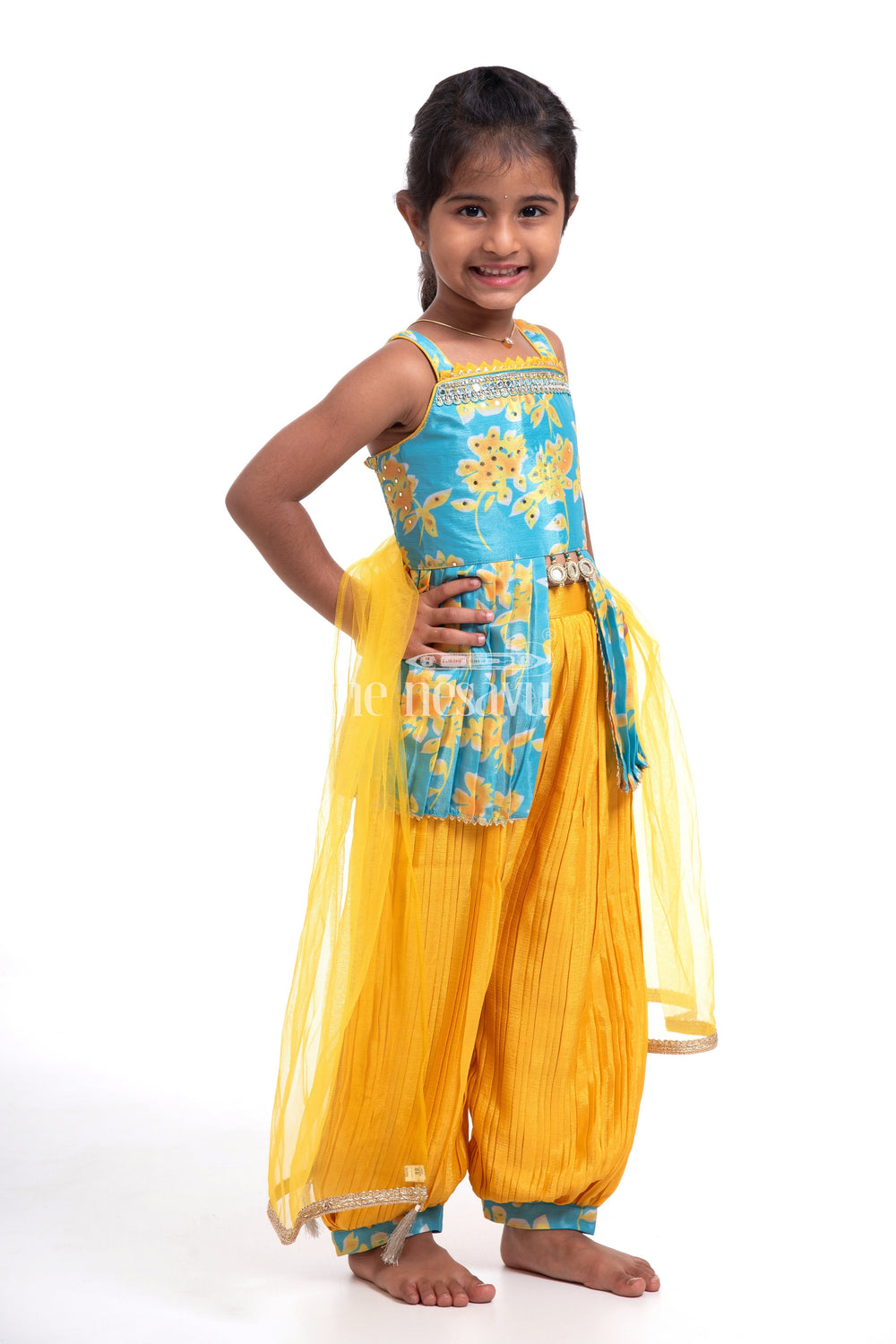 The Nesavu Girls Sharara / Plazo Set Festive Outfits for Girls - Chinon Silk Peplum & Haram Pant Set with Dupatta Nesavu