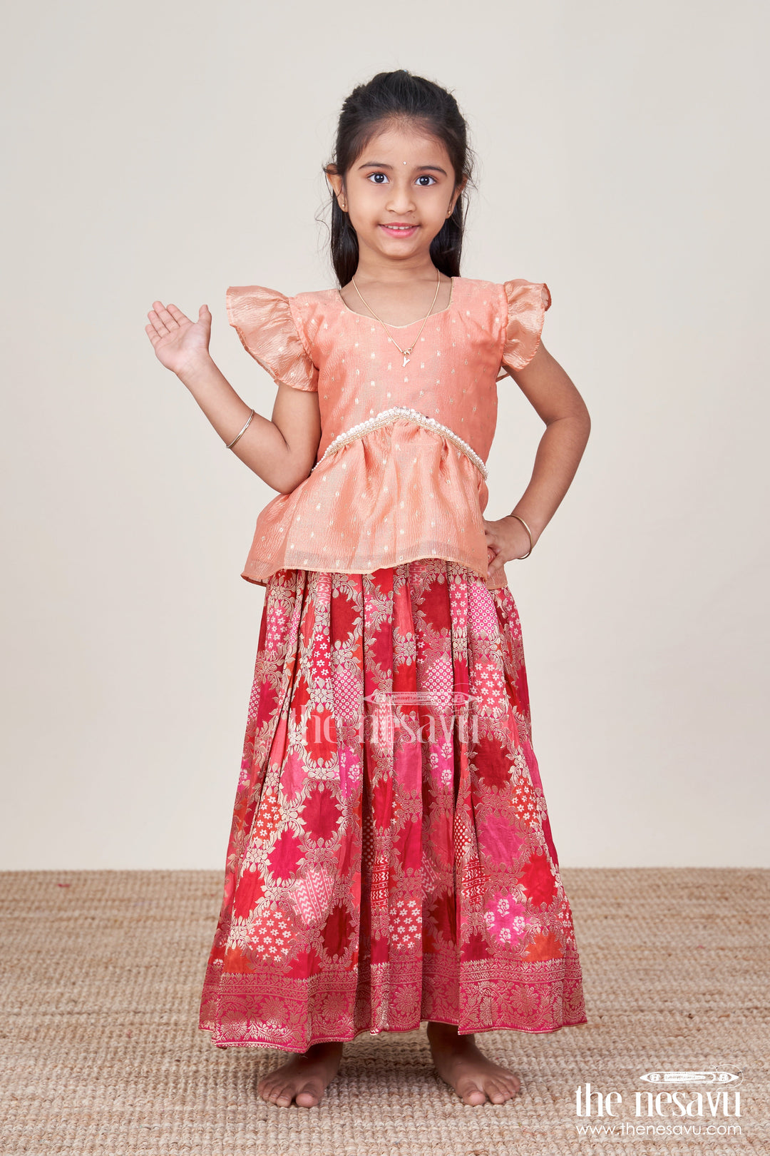 The Nesavu Pattu Pavadai Festive Pattu Pavadai for Baby Girls for Weddings and Naming Ceremonies Nesavu 16 (1Y) / Peach GPP335A-16 Nesavu festive pattu pavadai baby girls semi banaras skirt flutter sleeve blouse