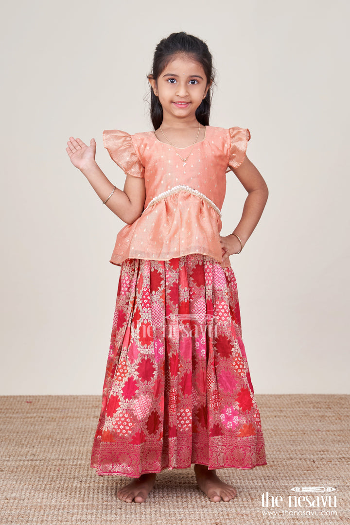 The Nesavu Pattu Pavadai Festive Pattu Pavadai for Baby Girls for Weddings and Naming Ceremonies Nesavu 16 (1Y) / Peach GPP335A-16 Nesavu festive pattu pavadai baby girls semi banaras skirt flutter sleeve blouse