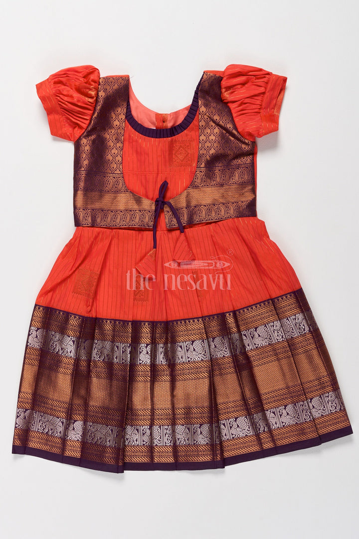 The Nesavu Girls Kanchi Silk Frock Festive Pink Pattu Long Frock for Girls with Chocolate Brown Zari Border Nesavu 20 (3Y) / Pink / Style 2 SF815DB-20 Nesavu Pink Pattu Long Frock Girls Zari Border Puff Sleeves