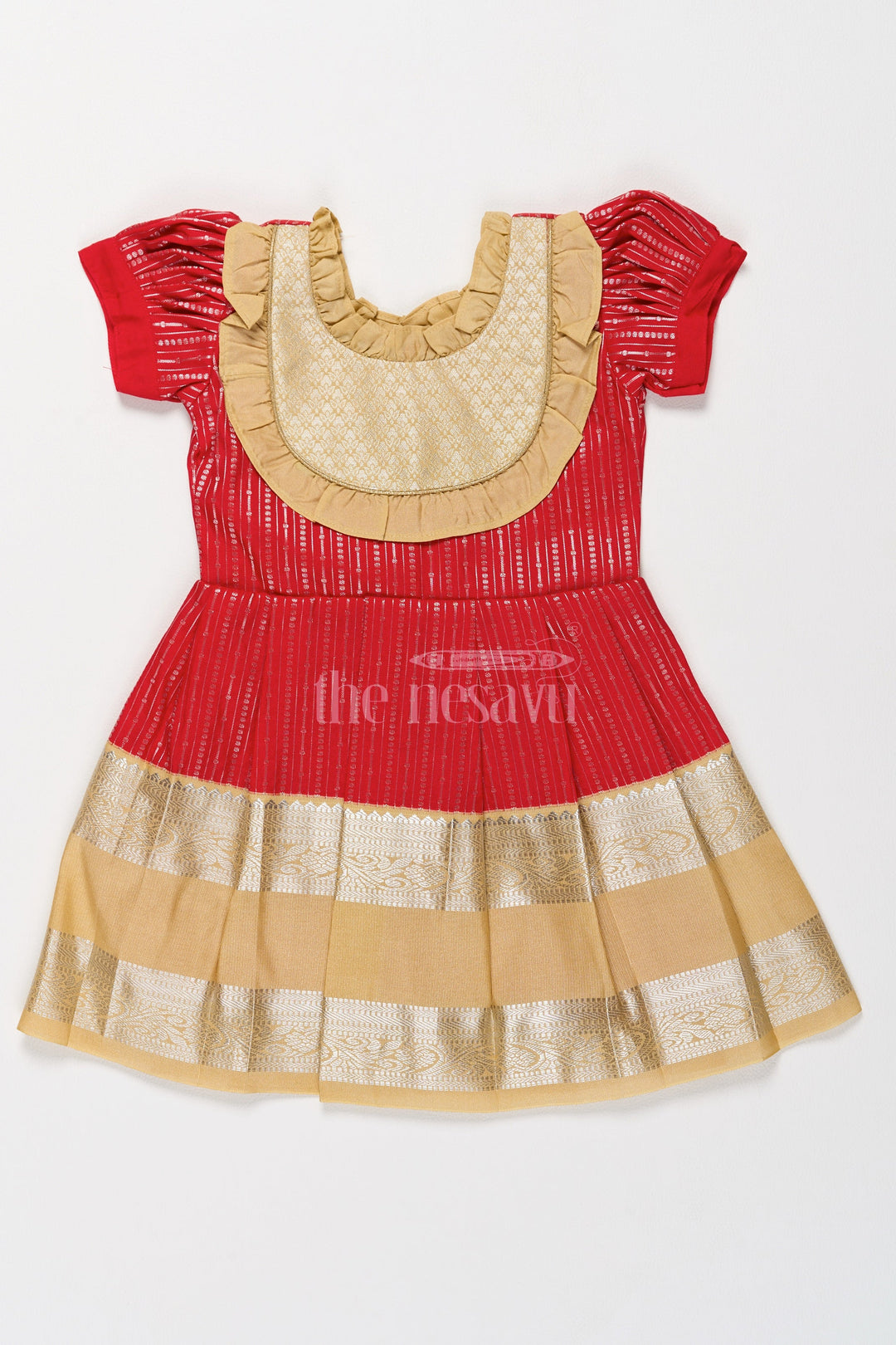 The Nesavu Girls Kanchi Silk Frock Festive Red Girls Kanchi Silk Frock with Radiant Golden Zari Border and Ruffled Yoke Nesavu 14 (6M) / Red / Style 1 SF821EA-14 Nesavu Festive Red Girls Kanchi Silk Frock Pongal Celebrations Golden Zari Details