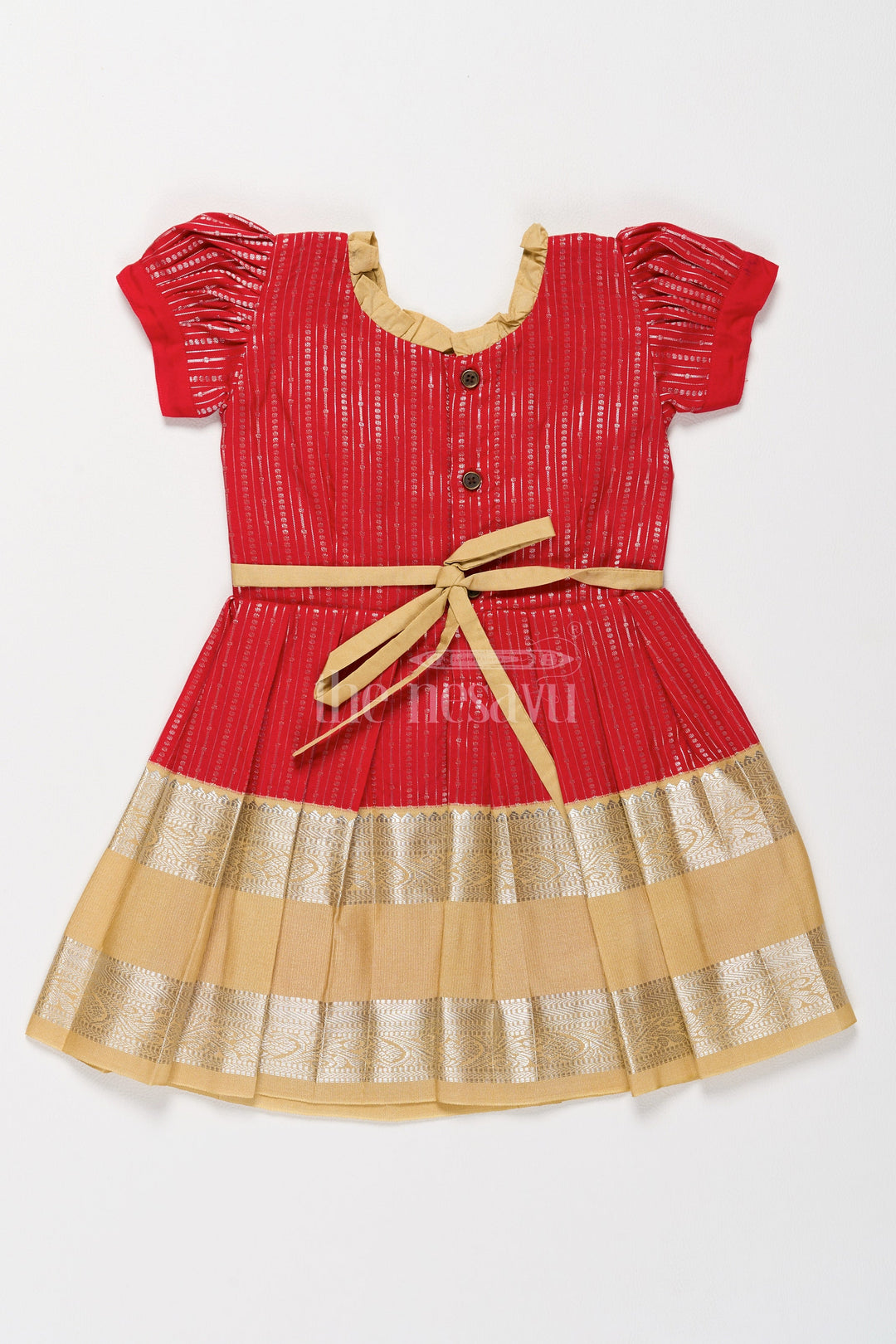 The Nesavu Girls Kanchi Silk Frock Festive Red Girls Kanchi Silk Frock with Radiant Golden Zari Border and Ruffled Yoke Nesavu Nesavu Festive Red Girls Kanchi Silk Frock Pongal Celebrations Golden Zari Details