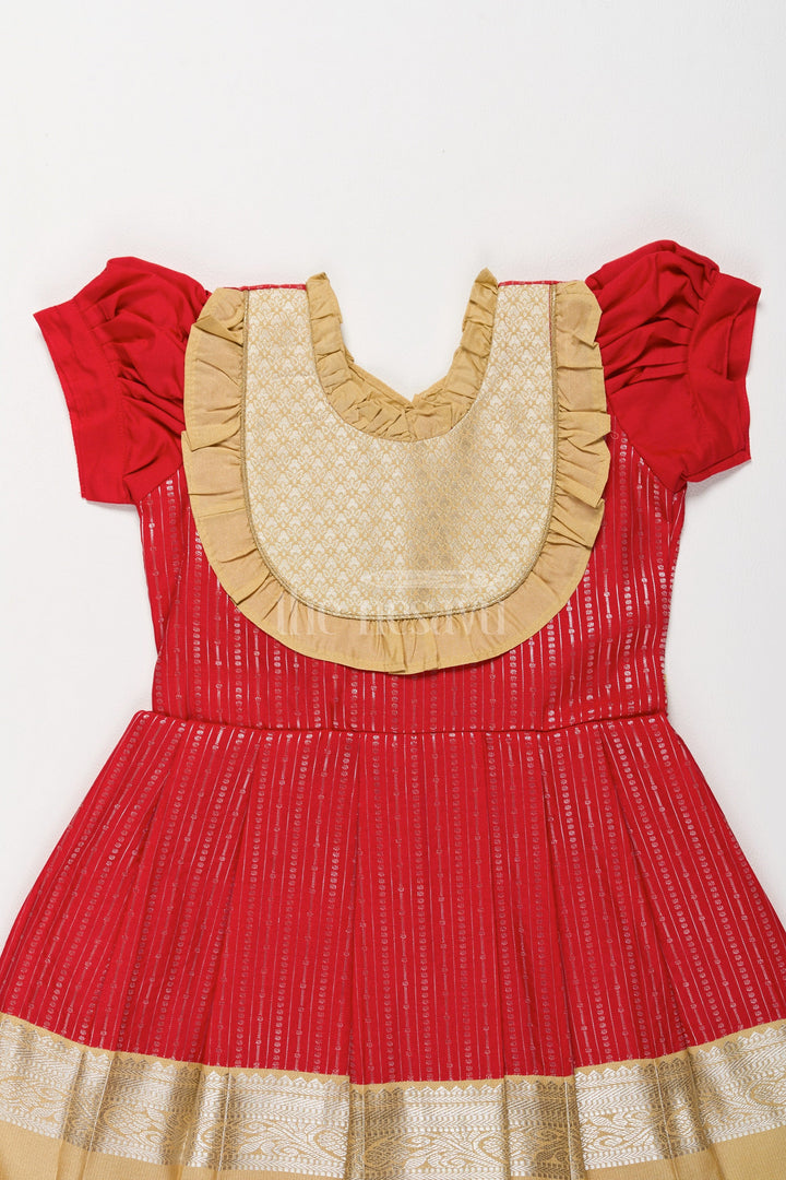 The Nesavu Girls Kanchi Silk Frock Festive Red Girls Kanchi Silk Frock with Radiant Golden Zari Border and Ruffled Yoke Nesavu Nesavu Festive Red Girls Kanchi Silk Frock Pongal Celebrations Golden Zari Details