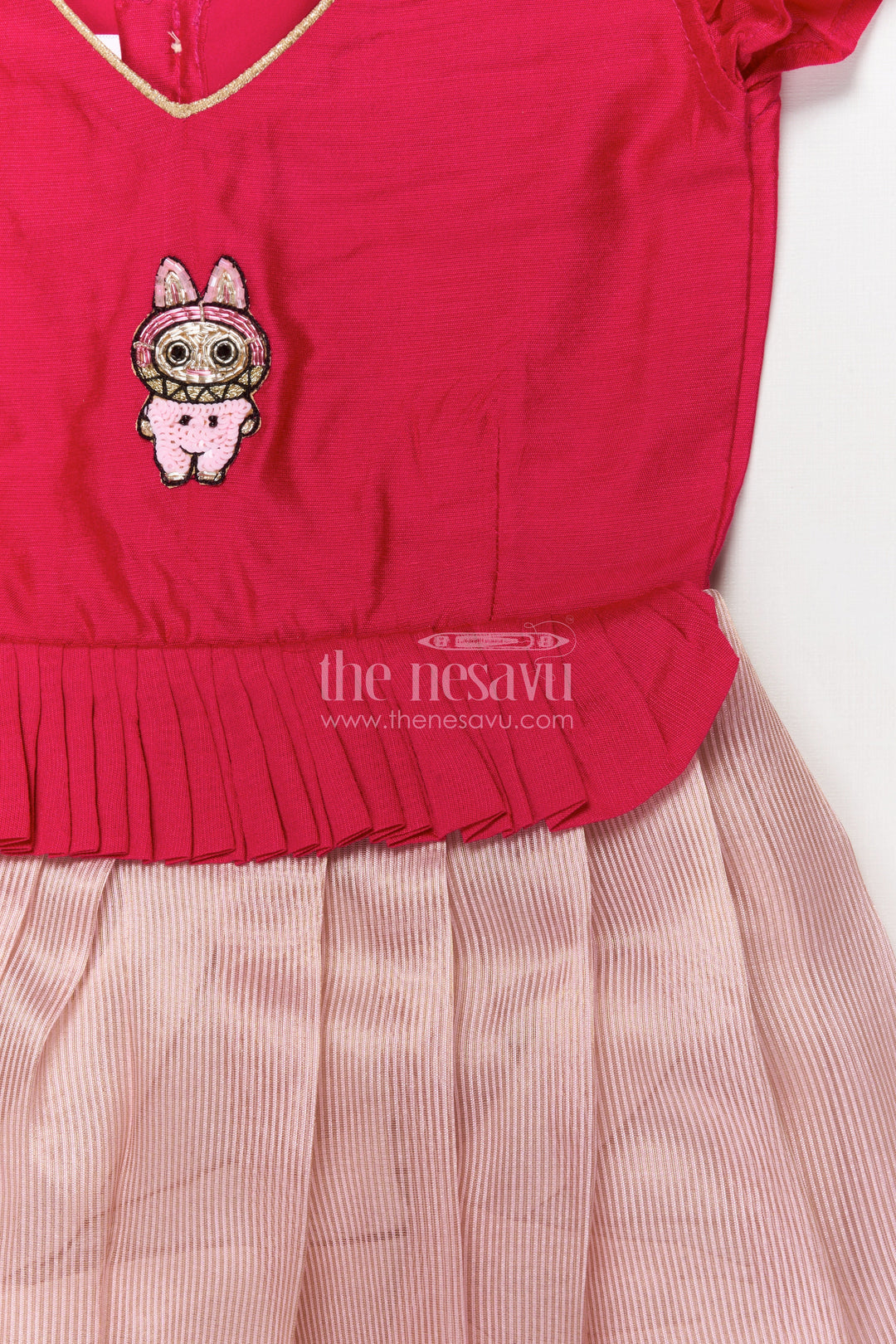 The Nesavu Silk Frock Festive Silk Frock for Baby Girls with Character Embroidery for Playful Occasions Nesavu Nesavu festive silk frock for baby girls with character motif and pleated border skirt