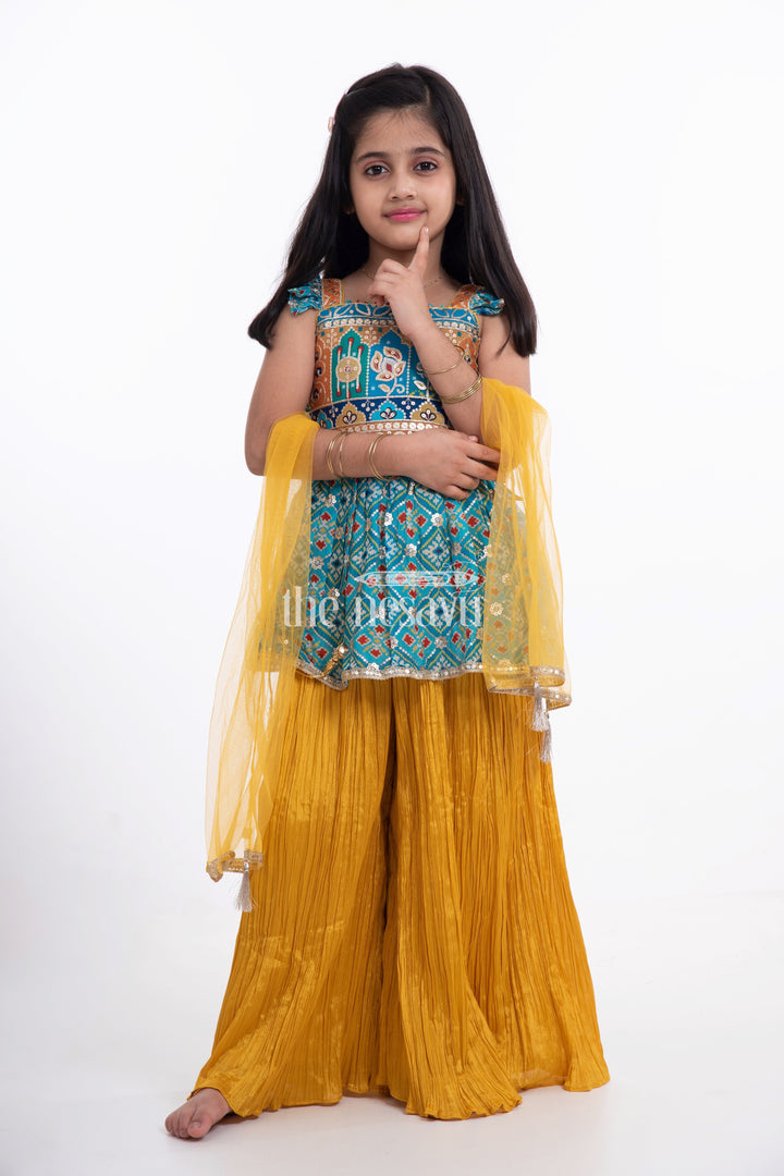 The Nesavu Girls Sharara / Plazo Set Festive Wear for Girls - Designer Embroidered Peplum Blouse with Chinon Sharara Pants Nesavu Festive Wear for Girls - Embroidered Peplum Blouse & Chinon Sharara Pants Set