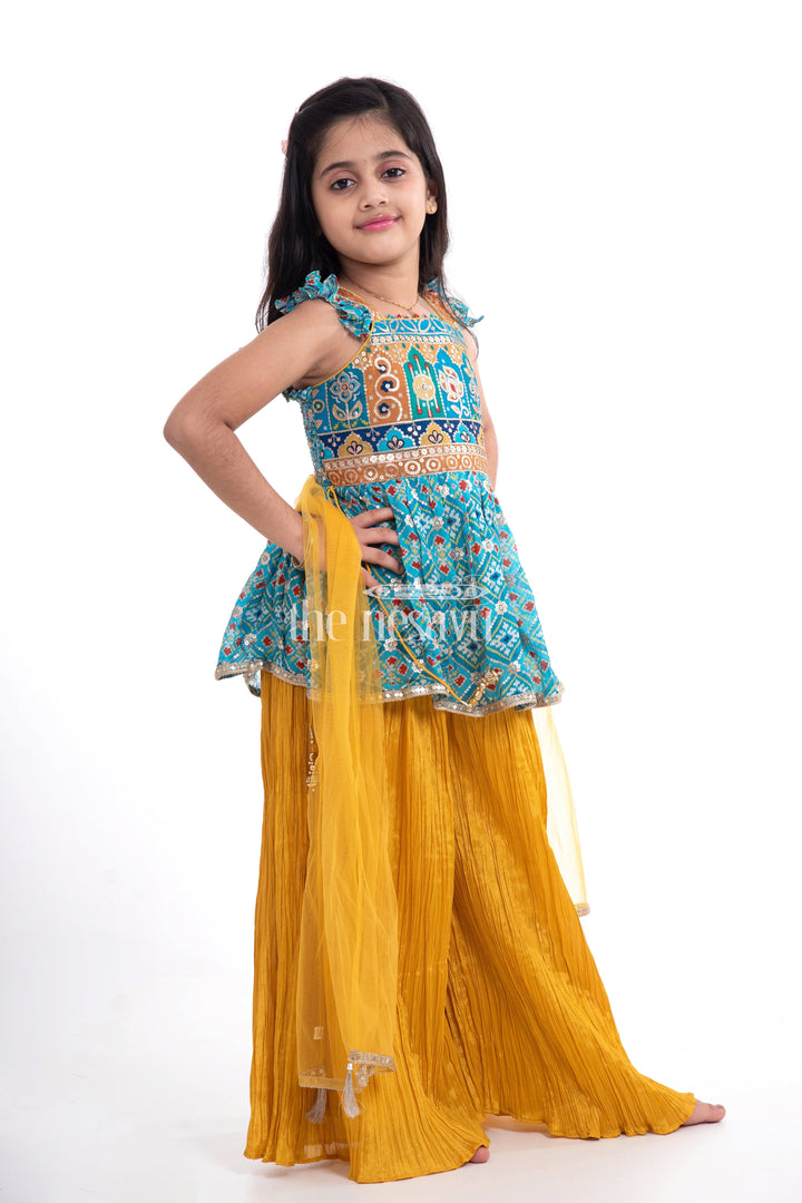 The Nesavu Girls Sharara / Plazo Set Festive Wear for Girls - Designer Embroidered Peplum Blouse with Chinon Sharara Pants Nesavu Festive Wear for Girls - Embroidered Peplum Blouse & Chinon Sharara Pants Set