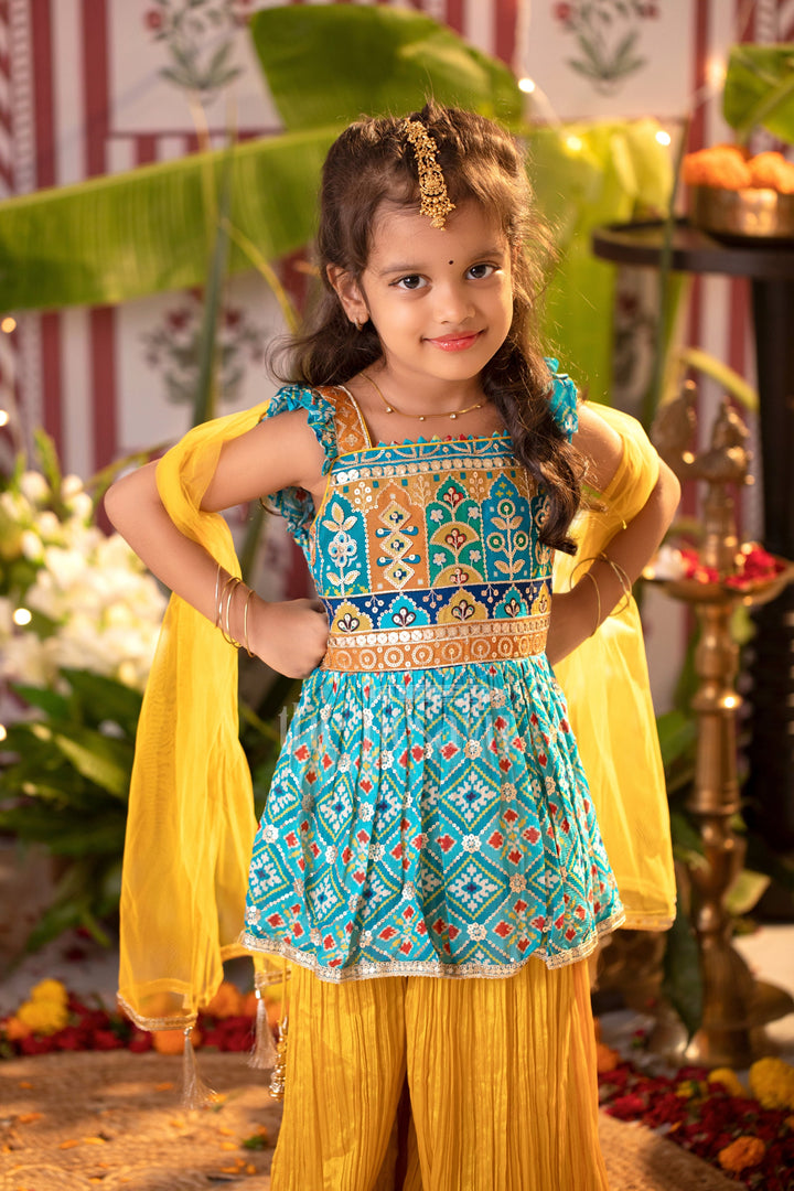 The Nesavu Girls Sharara / Plazo Set Festive Wear for Girls - Designer Embroidered Peplum Blouse with Chinon Sharara Pants Nesavu Festive Wear for Girls - Embroidered Peplum Blouse & Chinon Sharara Pants Set