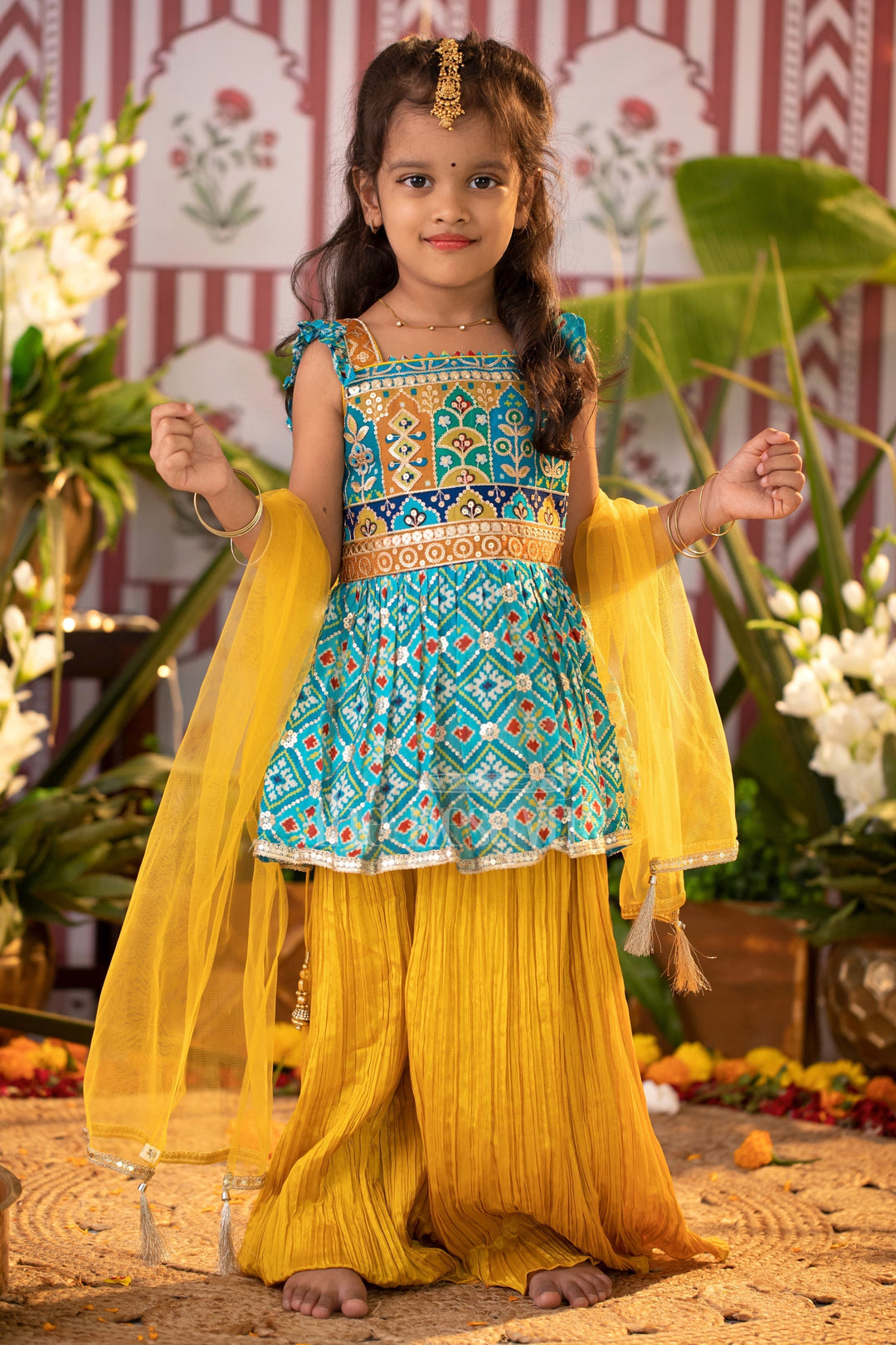 The Nesavu Girls Sharara / Plazo Set Festive Wear for Girlsdesigner Embroidered Peplum Blouse with Chinon Sharara Pants Nesavu Festive Wear for Girls - Embroidered Peplum Blouse & Chinon Sharara Pants Set