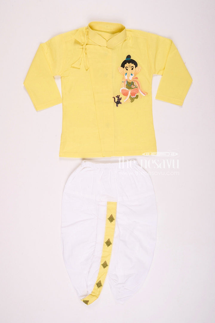 The Nesavu Boys Dothi Set Festive Yellow Ganesh Utsav Baby Kurtha with Dothi Pant Set Nesavu 12 (3M) / Yellow BES555A-12 Festive Yellow Ganesh Utsav Baby Kurtha with Dothi Pant Set - Vinayakar Chaturthi Special