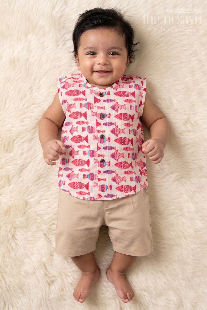 The Nesavu Baby Jablas Fish Print Baby Jabla for Breezy Beach-inspired Style Nesavu 10 (NB) / Pink / Cotton IF049A-10 Nesavu baby jabla with fish print in cotton – sleeveless top for summer and beach-inspired looks