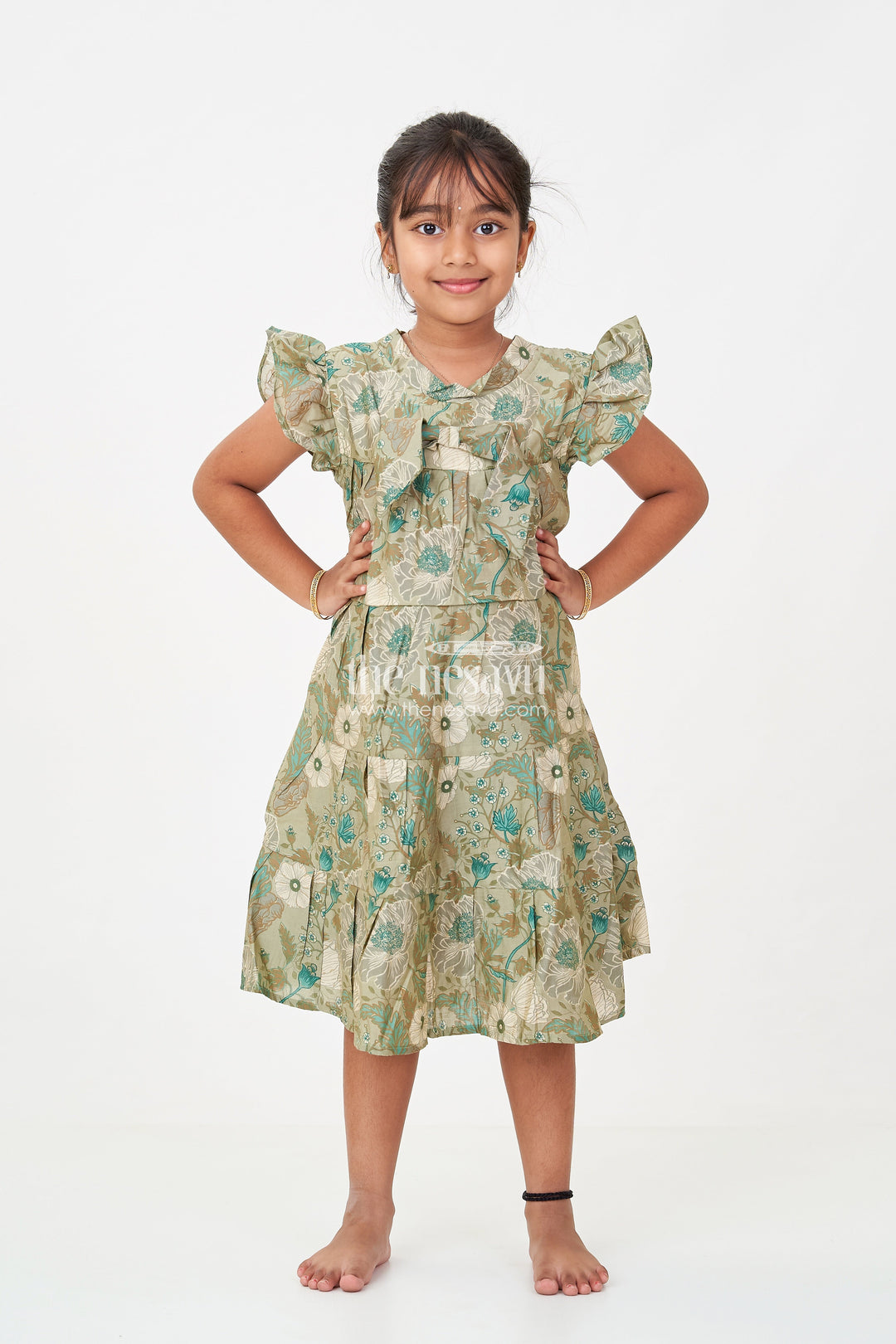 The Nesavu Girls Cotton Frock Flora Frock Dress in Modal Silk Modal Silk with Green Botanical Digital Print and Layered Ruffle Hem Nesavu 18 (2Y) / Green GFC1695A-18 Flora Frock Dress Girls Modal Silk Botanical Green Digital Floral Print | The Nesavu