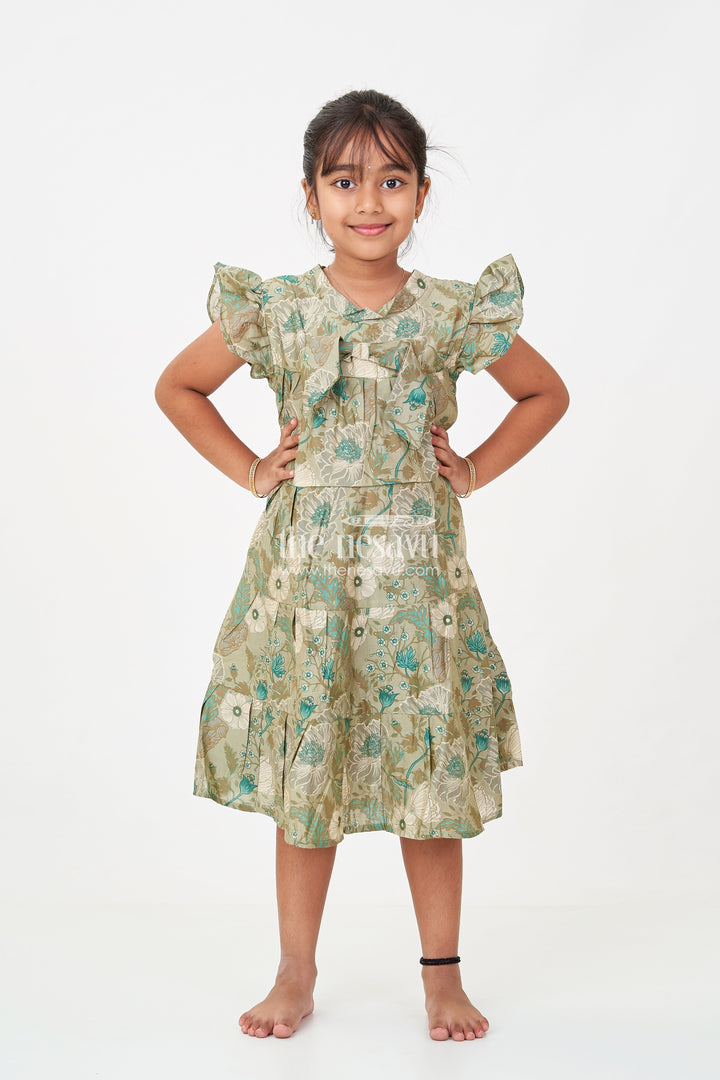 The Nesavu Girls Cotton Frock Flora Frock Dress in Modal Silk Modal Silk with Green Botanical Digital Print and Layered Ruffle Hem Nesavu 18 (2Y) / Green GFC1695A-18 Flora Frock Dress Girls Modal Silk Botanical Green Digital Floral Print | The Nesavu