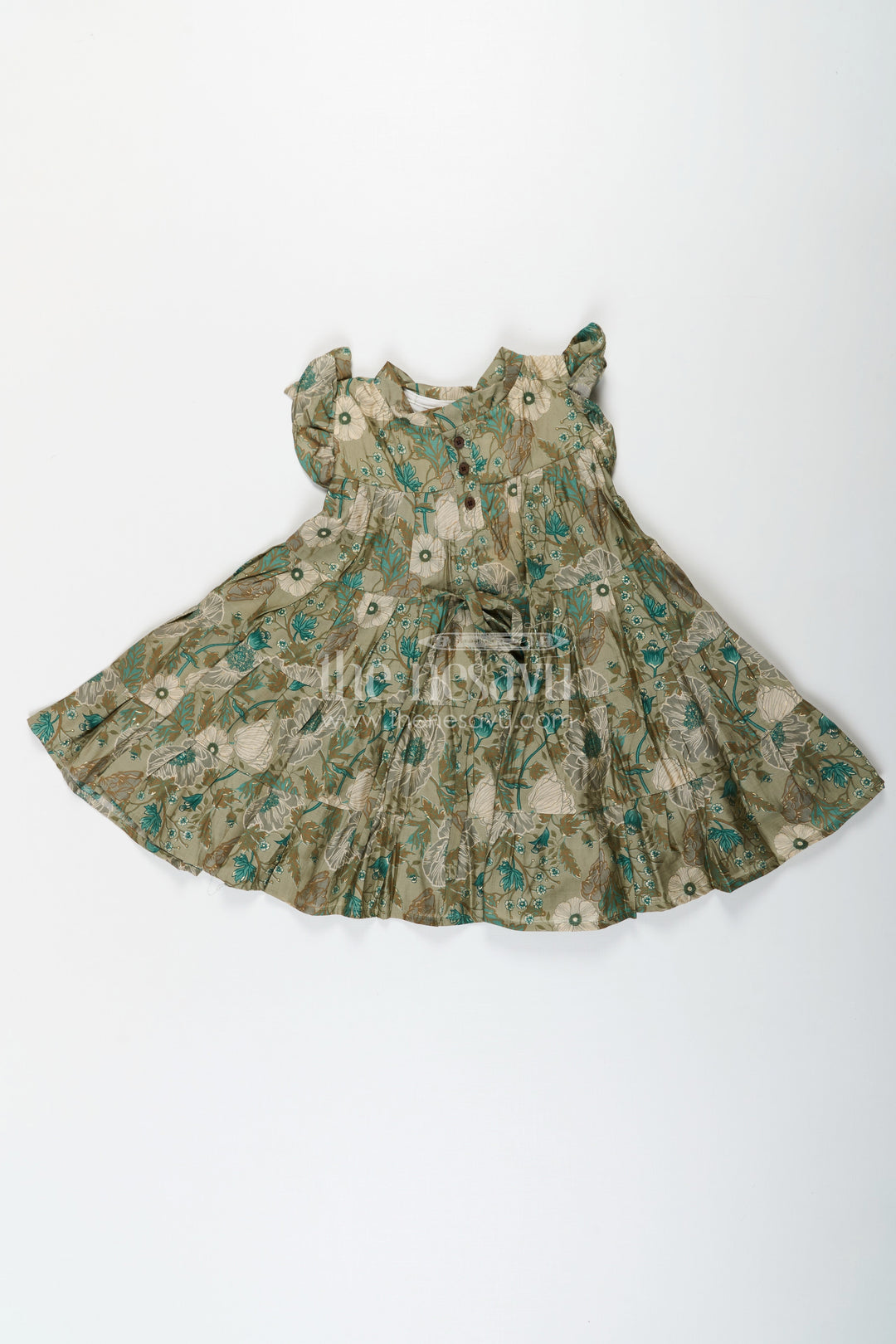 The Nesavu Girls Cotton Frock Flora Frock Dress in Modal Silk Modal Silk with Green Botanical Digital Print and Layered Ruffle Hem Nesavu Flora Frock Dress Girls Modal Silk Botanical Green Digital Floral Print | The Nesavu