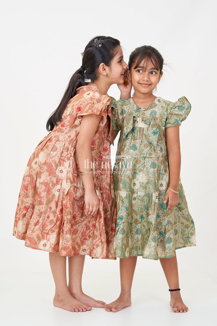 The Nesavu Girls Cotton Frock Flora Frock Dress in Modal Silk Modal Silk with Green Botanical Digital Print and Layered Ruffle Hem Nesavu Flora Frock Dress Girls Modal Silk Botanical Green Digital Floral Print | The Nesavu