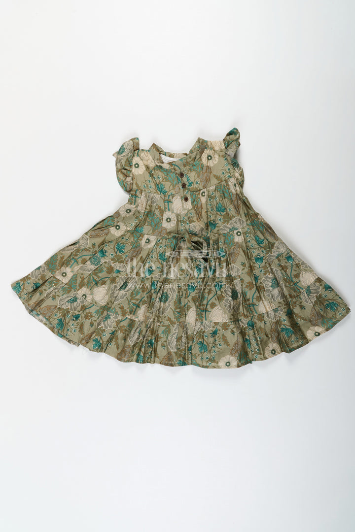 The Nesavu Girls Cotton Frock Flora Frock Dress in Modal Silk Modal Silk with Green Botanical Digital Print and Layered Ruffle Hem Nesavu Nesavu Flora Frock Dress Girls Modal Silk Botanical Green Digital Floral Print