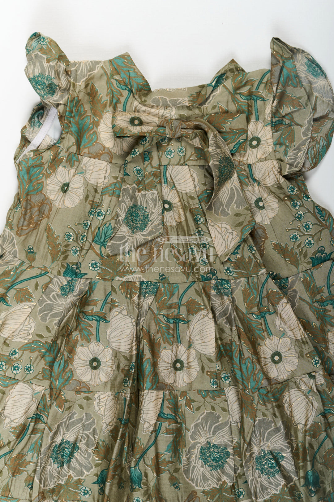 The Nesavu Girls Cotton Frock Flora Frock Dress in Modal Silk Modal Silk with Green Botanical Digital Print and Layered Ruffle Hem Nesavu Nesavu Flora Frock Dress Girls Modal Silk Botanical Green Digital Floral Print