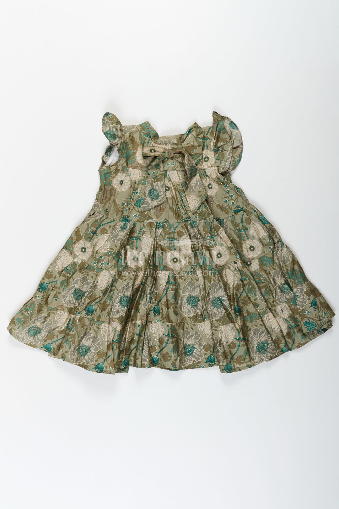 The Nesavu Girls Cotton Frock Flora Frock Dress in Modal Silk Modal Silk with Green Botanical Digital Print and Layered Ruffle Hem Nesavu Nesavu Flora Frock Dress Girls Modal Silk Botanical Green Digital Floral Print