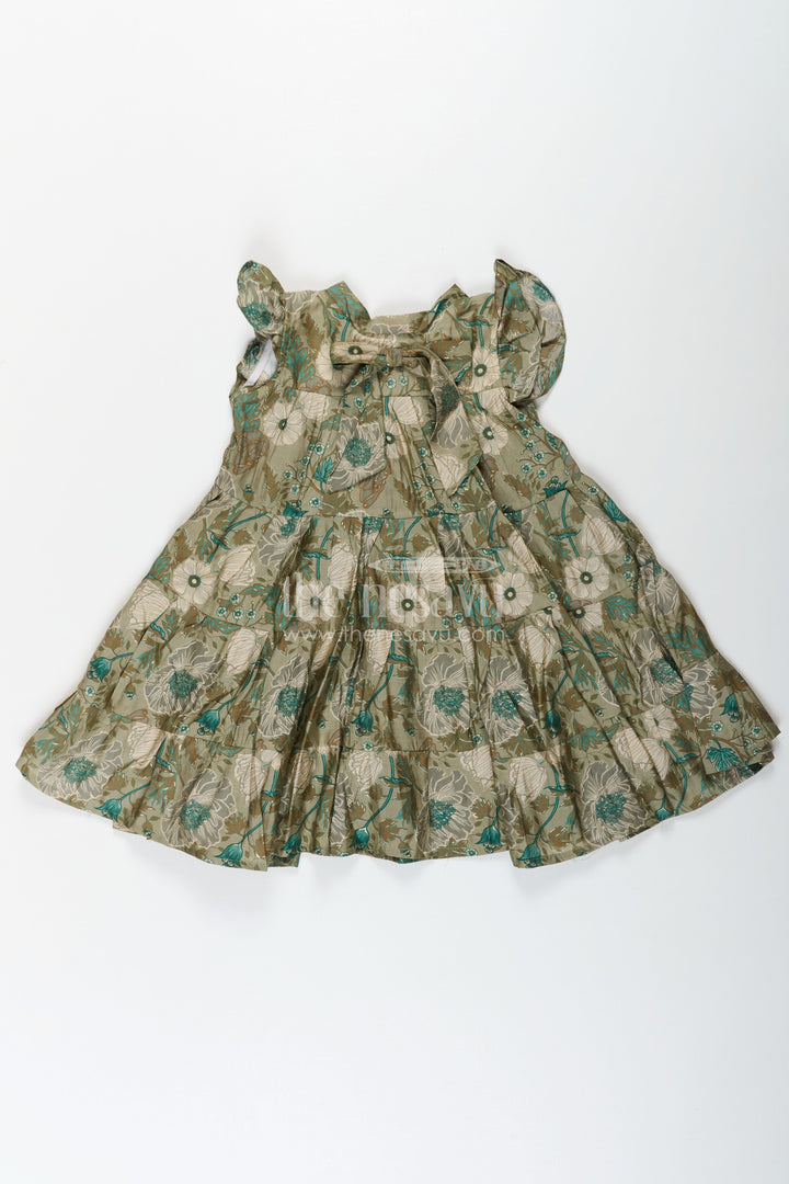 The Nesavu Girls Cotton Frock Flora Frock Dress in Modal Silk Modal Silk with Green Botanical Digital Print and Layered Ruffle Hem Nesavu Nesavu Flora Frock Dress Girls Modal Silk Botanical Green Digital Floral Print