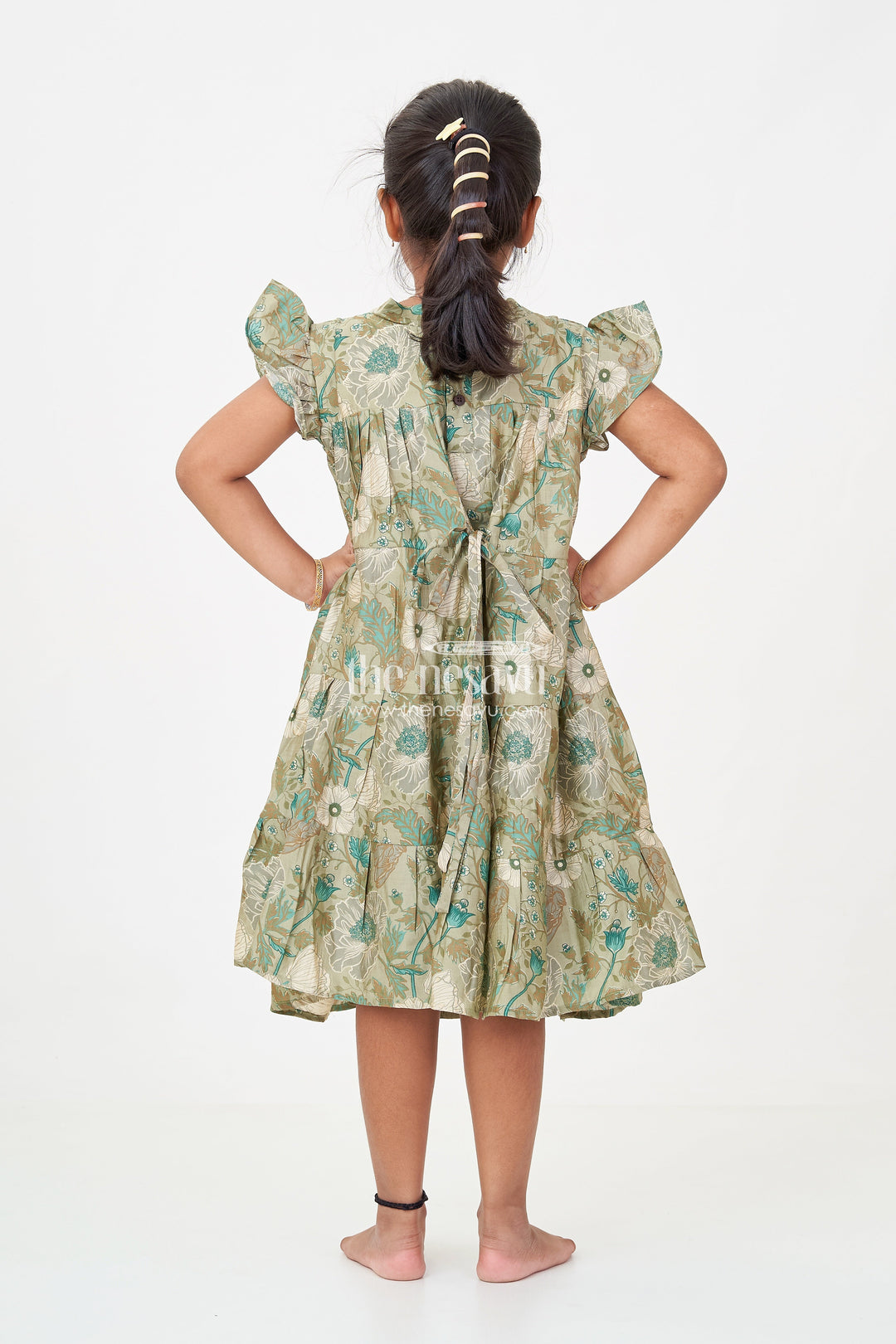 The Nesavu Girls Cotton Frock Flora Frock Dress in Modal Silk Modal Silk with Green Botanical Digital Print and Layered Ruffle Hem Nesavu Nesavu Flora Frock Dress Girls Modal Silk Botanical Green Digital Floral Print