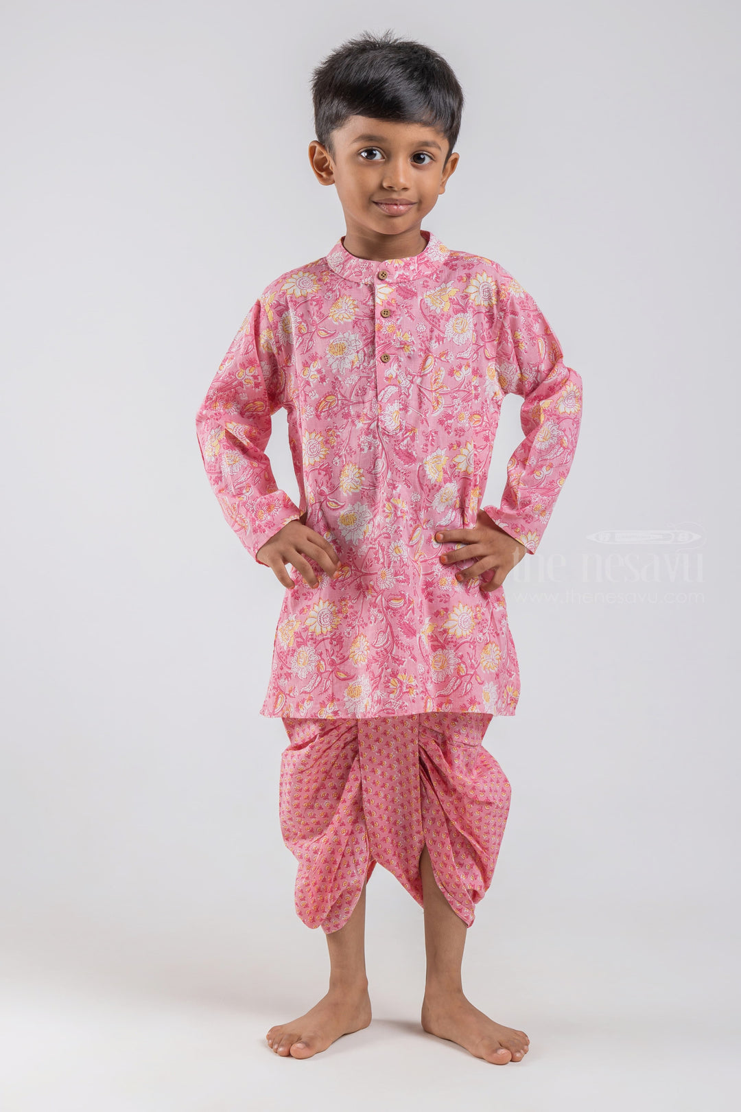 The Nesavu Boys Dothi Set Floral All Over Printed Pink Mandarin Collar Pink Kurta with Floral Printed Pink Dhoti Set for Boys psr silks Nesavu 14 (6M) / Pink / Cotton BES332A