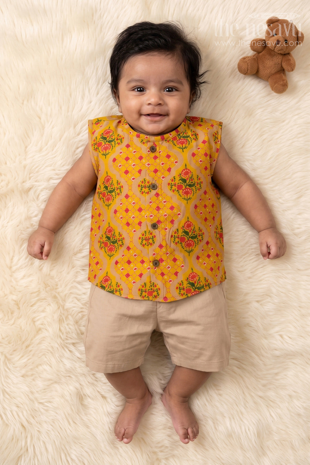 The Nesavu Baby Jablas Floral Block Print Baby Jabla for Everyday Comfort and Ethnic Charm Nesavu 10 (NB) / Yellow / Viscose Silk IF044A-10 Nesavu floral block print baby jabla in modal silk – great for ethnic charm and everyday comfort