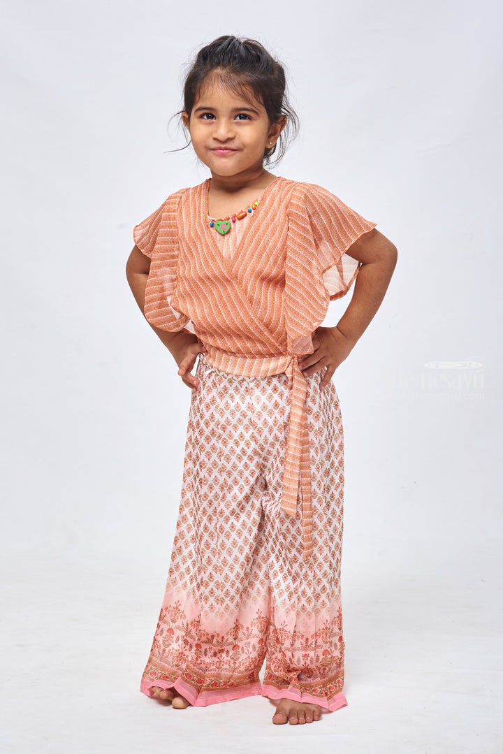 The Nesavu Girls Sharara / Plazo Set Floral Brocade Printed Palazzo & Striped Orange Top: Trendsetting Fashion for Girls Nesavu 22 (4Y) / Orange / Georgette GPS184B-22 Chic Crop Top and Palazzo Pant Set for Girls | Trendy Kids Wear | The Nesavu