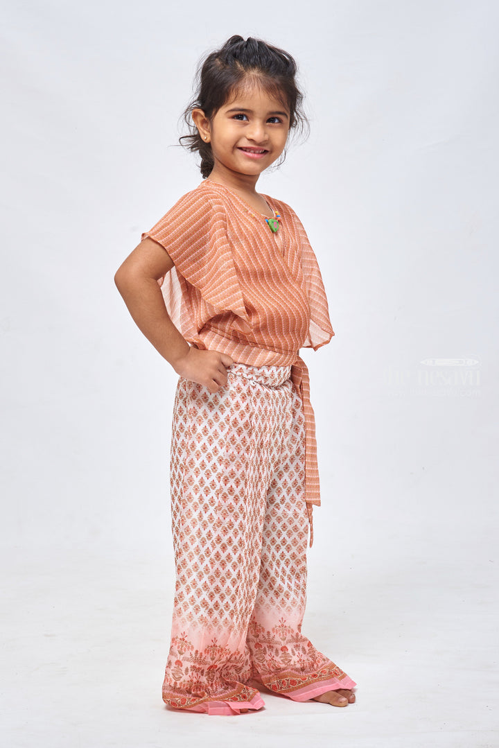 The Nesavu Girls Sharara / Plazo Set Floral Brocade Printed Palazzo & Striped Orange Top: Trendsetting Fashion for Girls Nesavu Chic Crop Top and Palazzo Pant Set for Girls | Trendy Kids Wear | The Nesavu