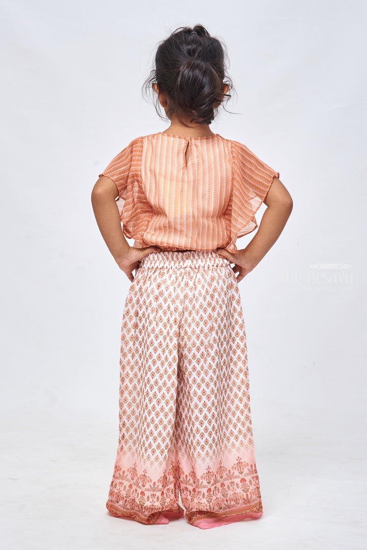 The Nesavu Girls Sharara / Plazo Set Floral Brocade Printed Palazzo & Striped Orange Top: Trendsetting Fashion for Girls Nesavu Chic Crop Top and Palazzo Pant Set for Girls | Trendy Kids Wear | The Nesavu