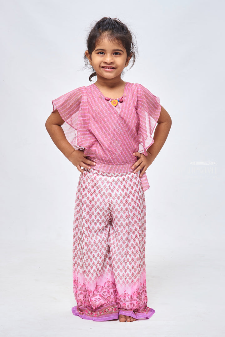 The Nesavu Girls Sharara / Plazo Set Floral Brocade Printed Palazzo & Striped Purple Top: Fusion Sophistication for Girls Nesavu 22 (4Y) / Purple / Georgette GPS184A-22 Stylish Crop Top and Palazzo for Girls | Contemporary Kids Designs | The Nesavu