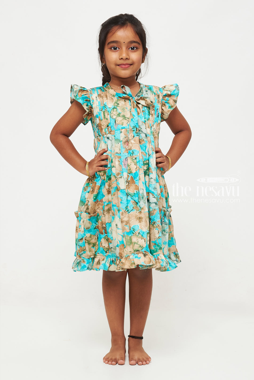 The Nesavu Girls Cotton Frock Floral Cotton Designer Frock with Flutter Sleeves for Girls Nesavu