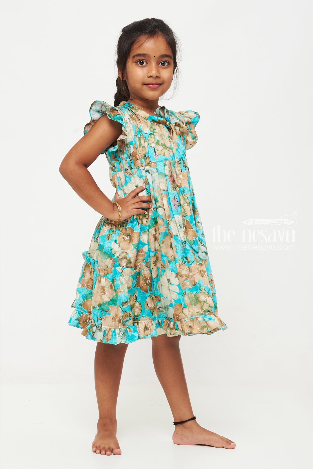 The Nesavu Girls Cotton Frock Floral Cotton Designer Frock with Flutter Sleeves for Girls Nesavu