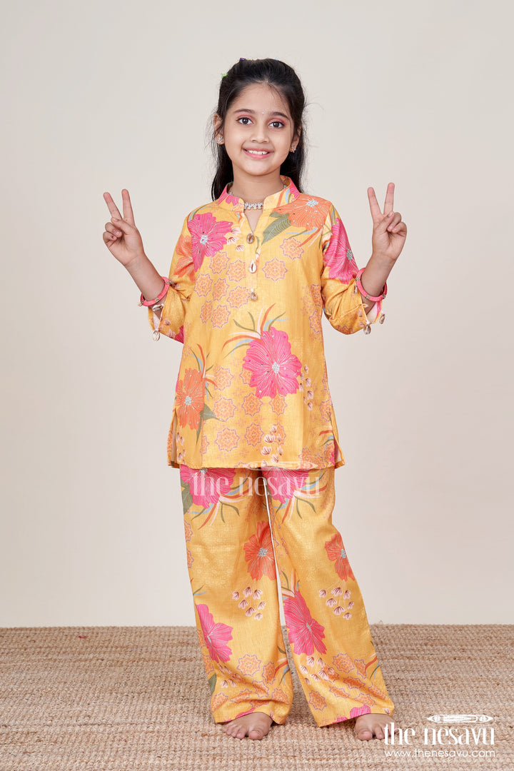 The Nesavu Girls Co-Ord Sets Floral Cotton Sharara Set with Cheerful Digital Print Nesavu 24 (5Y) / Yellow GPS667A-24 Nesavu cotton floral printed sharara set  girls casual ethnic wear