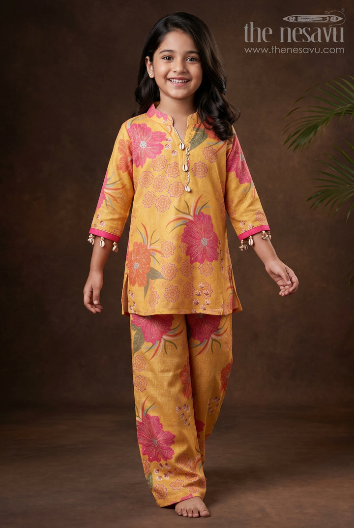 The Nesavu Girls Co-Ord Sets Floral Cotton Sharara Set with Cheerful Digital Print Nesavu 24 (5Y) / Yellow GPS667A-24 Nesavu cotton floral printed sharara set  girls casual ethnic wear