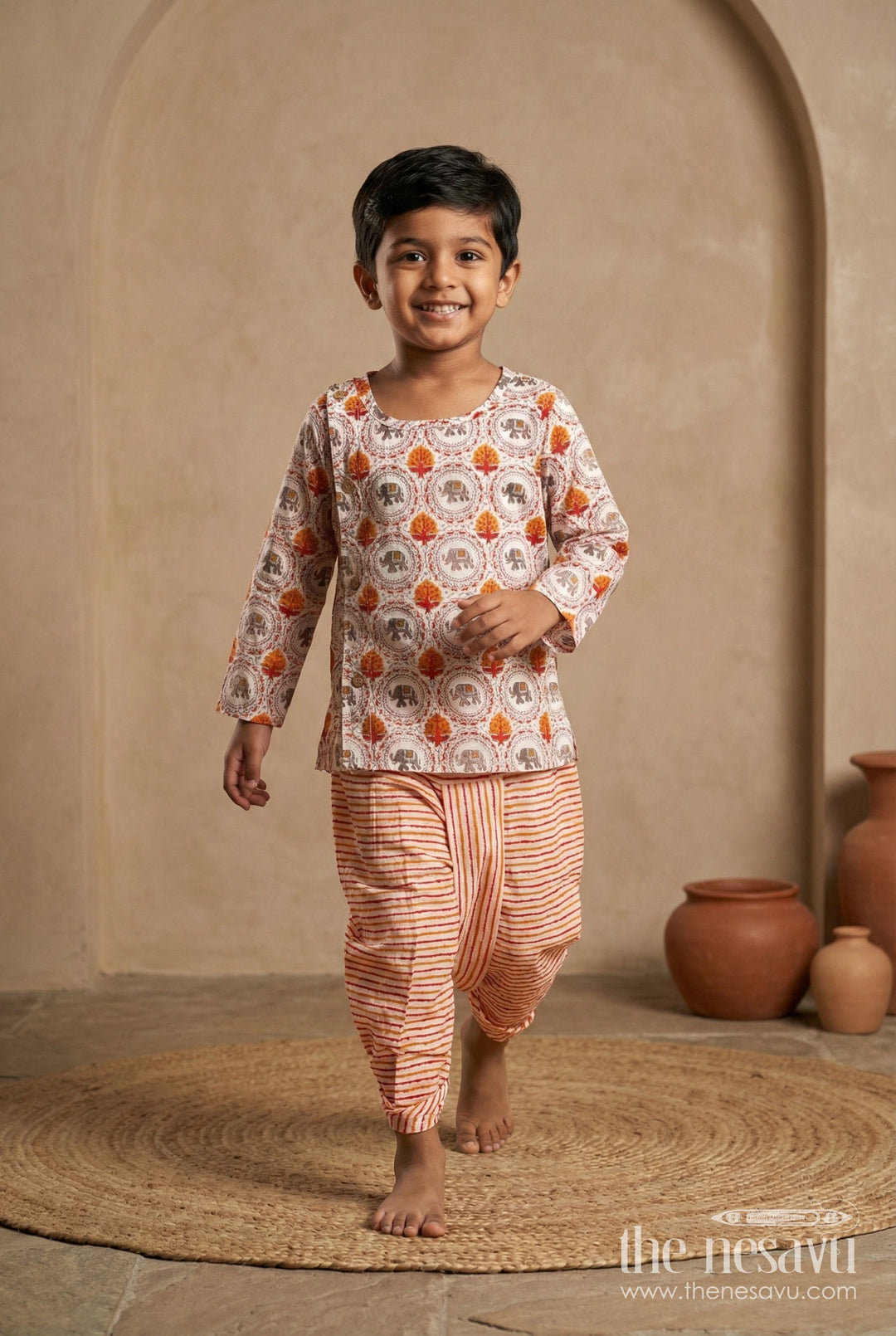 The Nesavu Boys Dothi Set Floral Digital Dhoti Kurta for Boys Cultural Function Wear Nesavu 12 (3M) / Cream BES724B-12 Nesavu Boys Party Wear Black Dhoti Set Cotton Copper Digital Print Formal Traditional Events