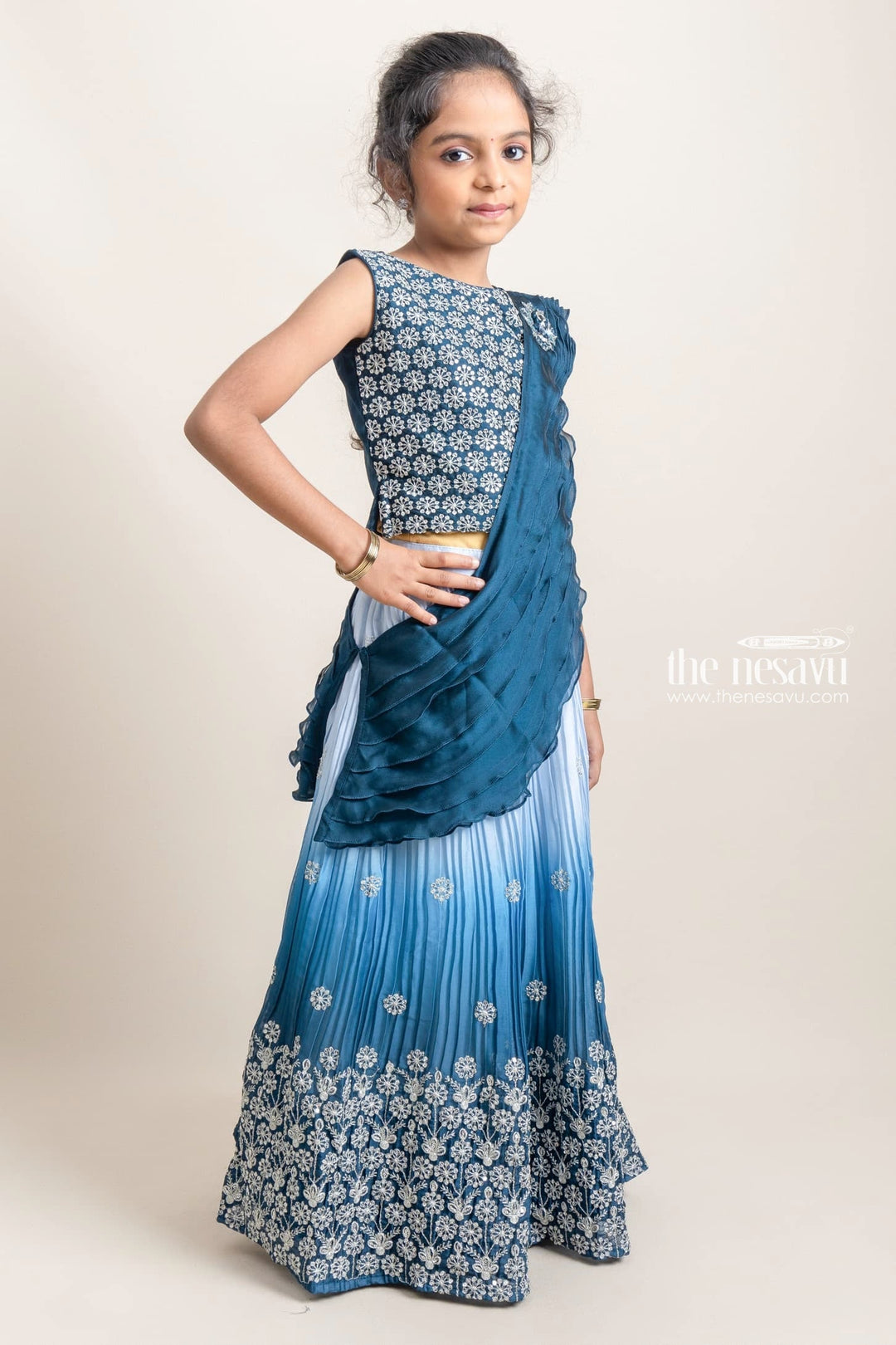 The Nesavu Lehenga & Ghagra Floral Embroiderd Navy Blue Top With Ruffled Layer Shawl N Ombre Lehanga For Girls Nesavu Lehanga New Design For Girls | Lehanga Online | The Nesavu