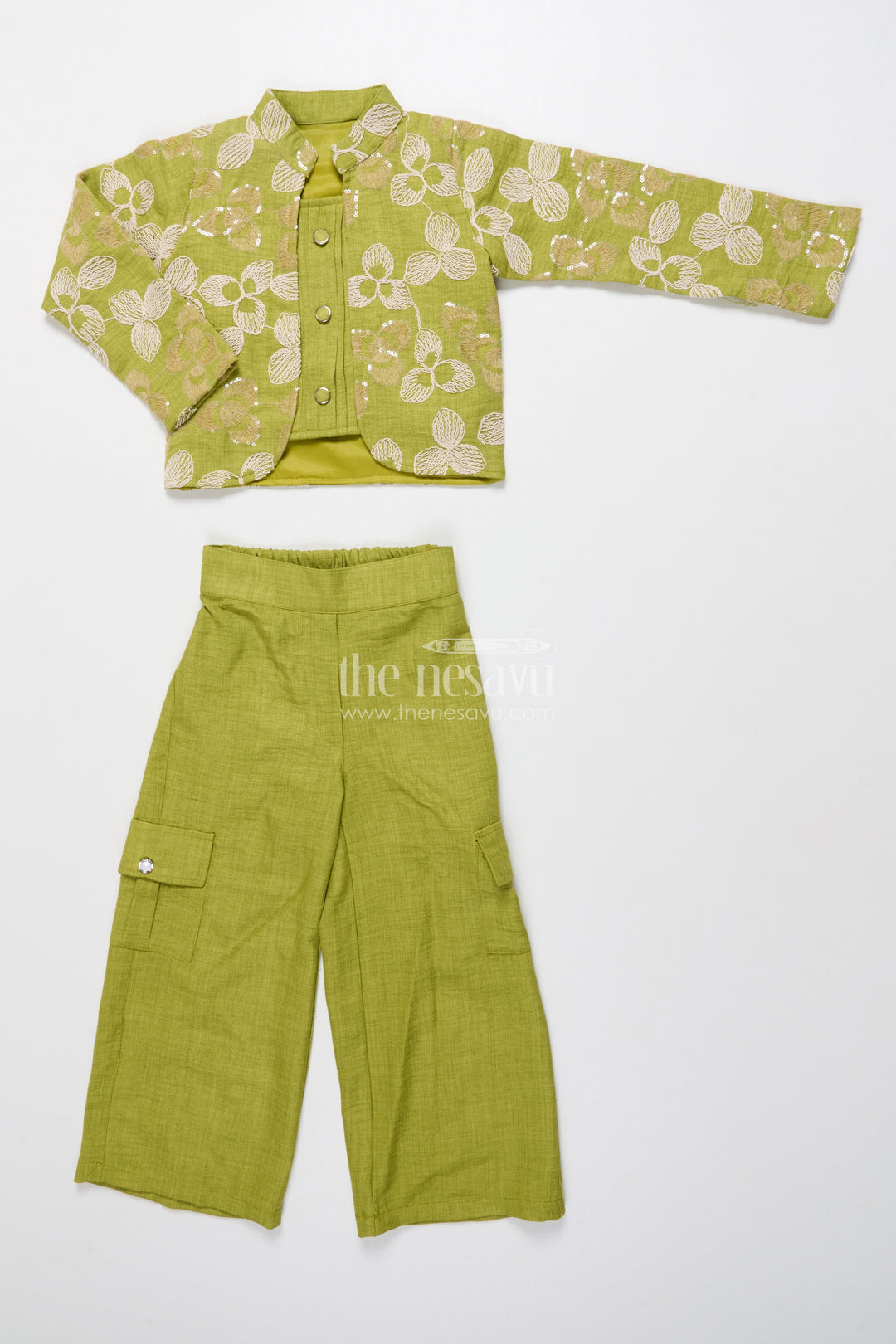 The Nesavu Girls Co-Ord Sets Floral Embroidered Girls Co-Ord Set with Jacket Perfect for Ethnic School Events and Festive Days Nesavu 24 (5Y) / Green GPS638B-24 Nesavu girls floral embroidered co-ord set jacket festive school ethnic day ready outfit
