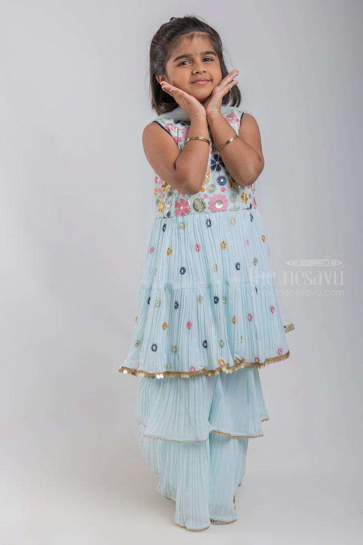 The Nesavu Girls Sharara / Plazo Set Floral Embroidered Peplum Pattern Blue Kurti and Layered Blue Palazzo Suit for Girls with White Organza Dupatta psr silks Nesavu