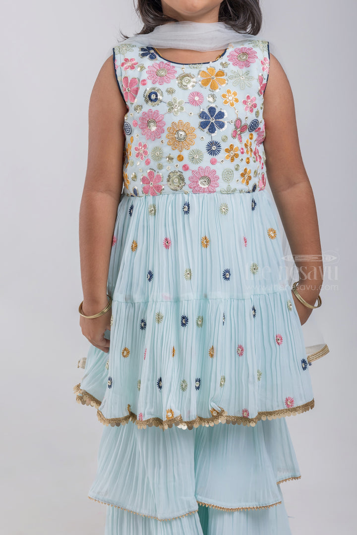 The Nesavu Girls Sharara / Plazo Set Floral Embroidered Peplum Pattern Blue Kurti and Layered Blue Palazzo Suit for Girls with White Organza Dupatta psr silks Nesavu