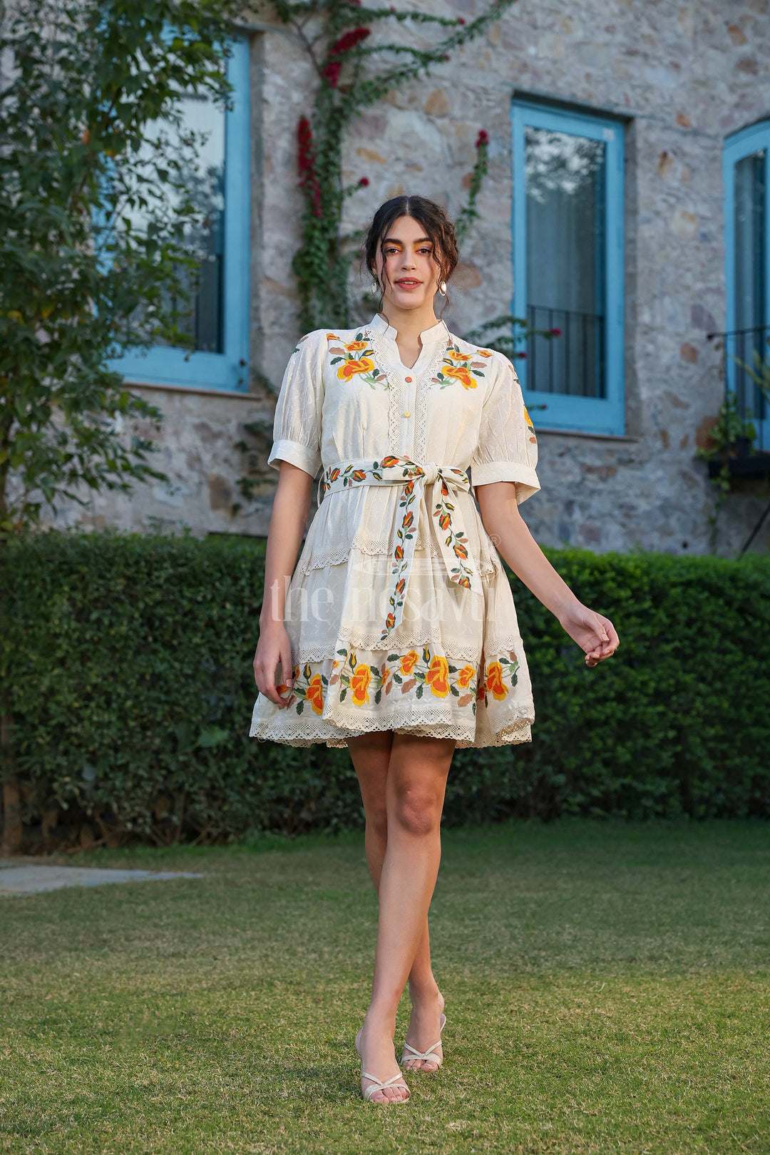 The Nesavu Womens Flared Kurthas Floral Embroidered Women’S Designer Dress in Ivory with Lace Detailing and Belted Waist Nesavu 36 (S) / Multicolor WT035A-36 Ivory Floral Embroidered Designer Dress Women Perfect Special Occasions | The Nesavu