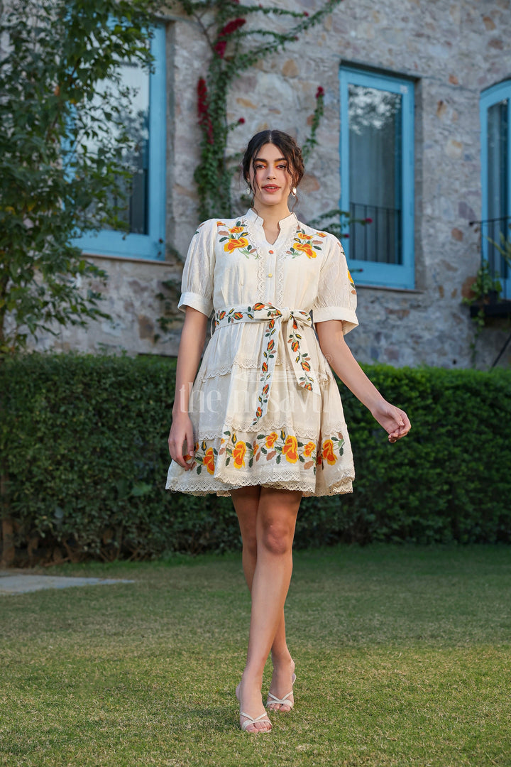 The Nesavu Womens Flared Kurthas Floral Embroidered Women’S Designer Dress in Ivory with Lace Detailing and Belted Waist Nesavu 36 (S) / Multicolor WT035A-36 Ivory Floral Embroidered Designer Dress Women Perfect Special Occasions | The Nesavu