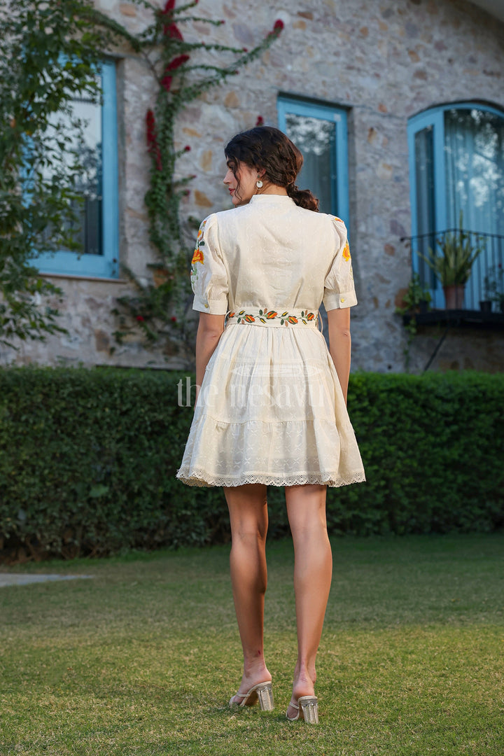 The Nesavu Womens Flared Kurthas Floral Embroidered Women’S Designer Dress in Ivory with Lace Detailing and Belted Waist Nesavu Ivory Floral Embroidered Designer Dress Women Perfect Special Occasions | The Nesavu