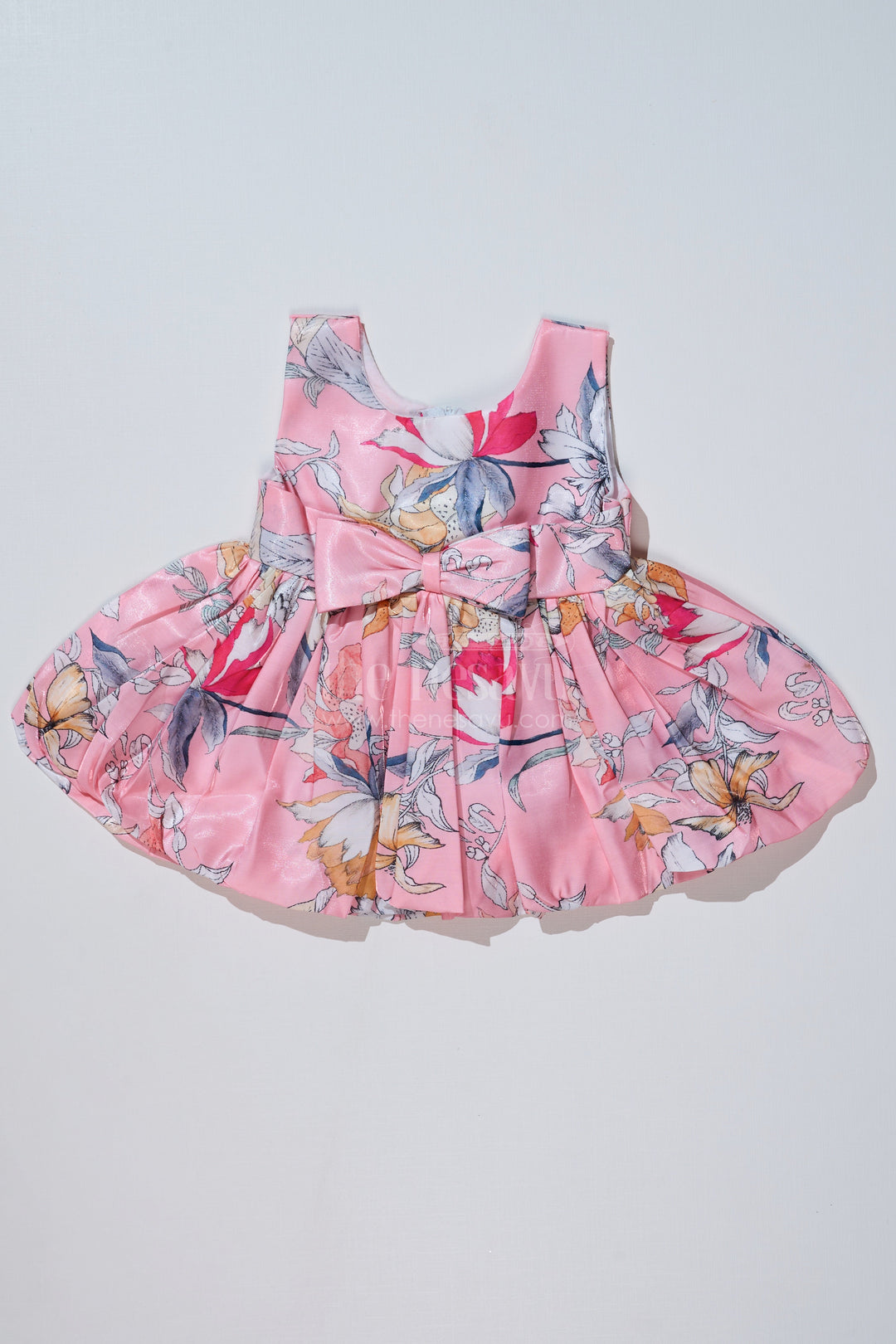 The Nesavu Baby Fancy Frock Floral Frock Knee Length for Baby Girls in Glaza Satin with Bow Waist Detail Nesavu 14 (6M) / Pink BFJ728A-14 Floral Frock Knee Length Baby Girls Glaza Satin Bow Waist Detail | The Nesavu