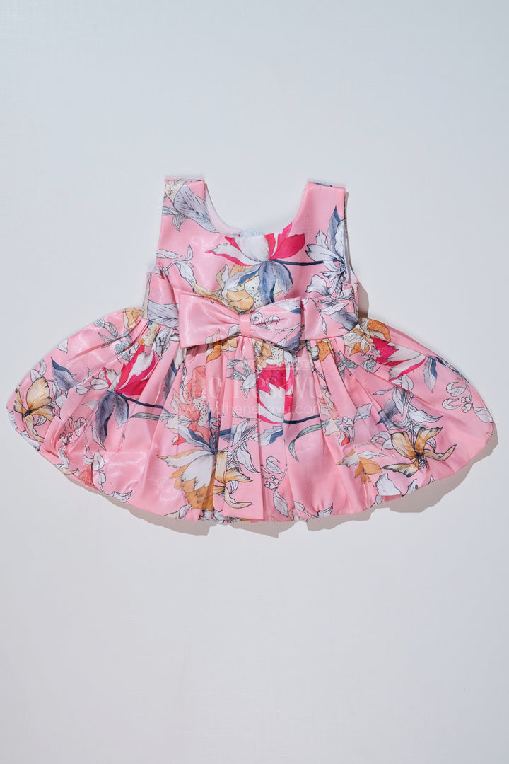 The Nesavu Baby Fancy Frock Floral Frock Knee Length for Baby Girls in Glaza Satin with Bow Waist Detail Nesavu 14 (6M) / Pink BFJ728A-14 Floral Frock Knee Length Baby Girls Glaza Satin Bow Waist Detail | The Nesavu