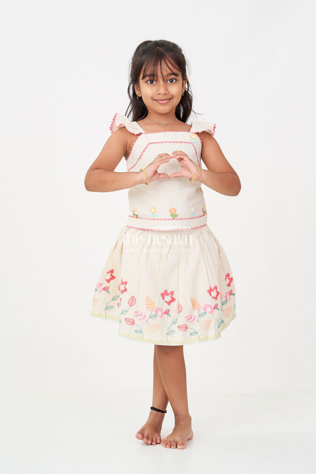 The Nesavu Baby Cotton Frocks Floral Frock Suit for Babies in Soft Cotton with Embroidered Skirt and Cute Ruffle Strap Top Nesavu 18 (2Y) / Half white BFJ782A-18 Baby Girls Floral Frock Suit Cotton Colorful Embroidered Skirt Ruffle Strap Top | The Nesavu