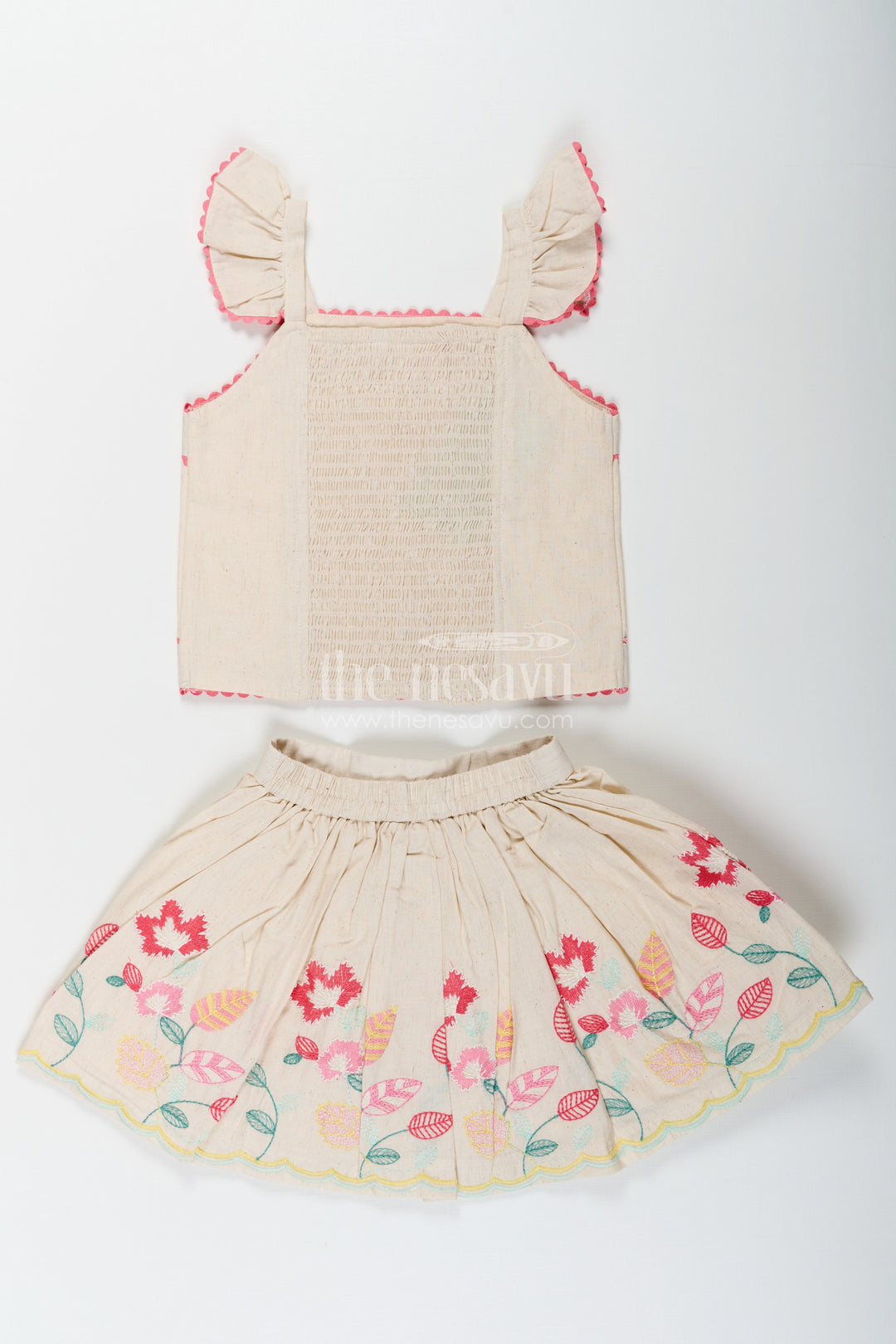 The Nesavu Baby Cotton Frocks Floral Frock Suit for Babies in Soft Cotton with Embroidered Skirt and Cute Ruffle Strap Top Nesavu Baby Girls Floral Frock Suit Cotton Colorful Embroidered Skirt Ruffle Strap Top | The Nesavu